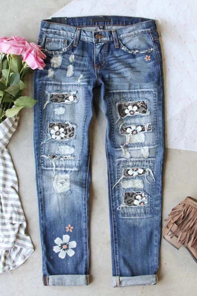 Women's Fashion Holes Printed Mid Waist Straight Jeans