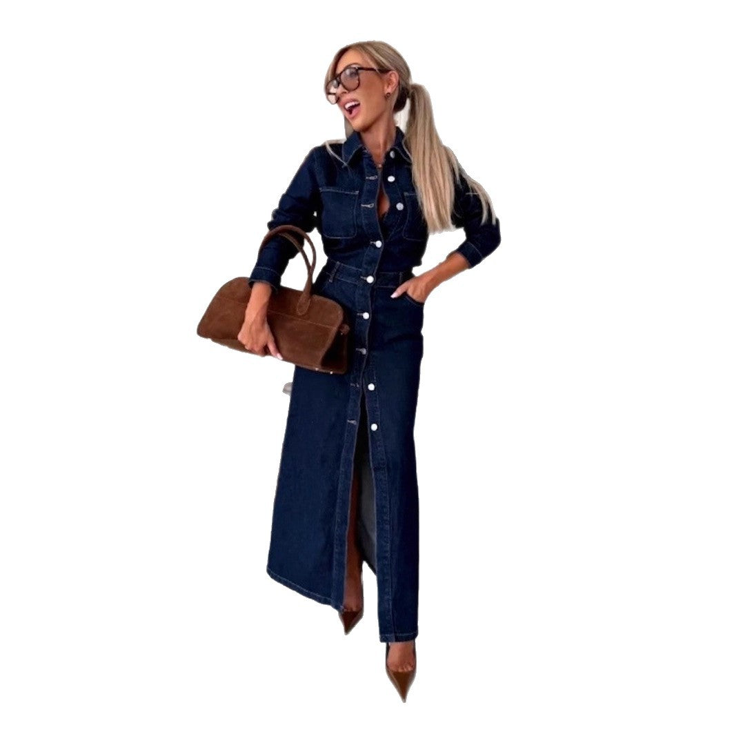 Women's Fashion Casual Single-breasted Long Sleeve Denim Dresses
