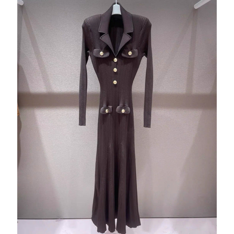 Collar Gold Buckle Vertical Stripes Long Fish Dresses