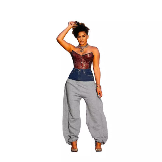 Women's Popular Denim Knitted Stitching Long Pants