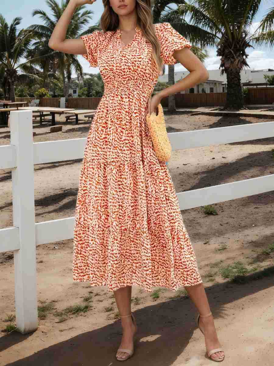Women's Puff Sleeve Floral Sexy Print Waist Dress