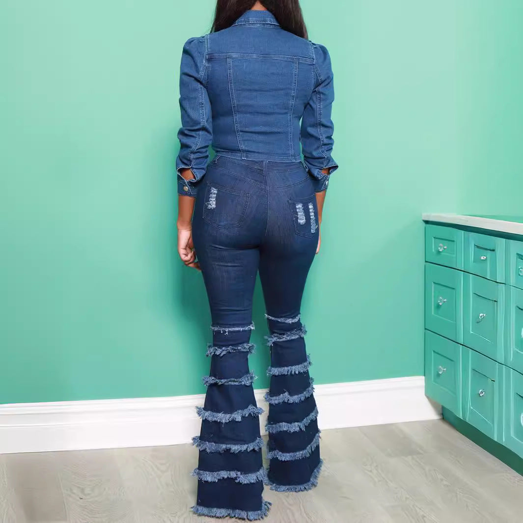 Women's Ripped Patchwork Retro Raw Hem Bell-bottom Jeans