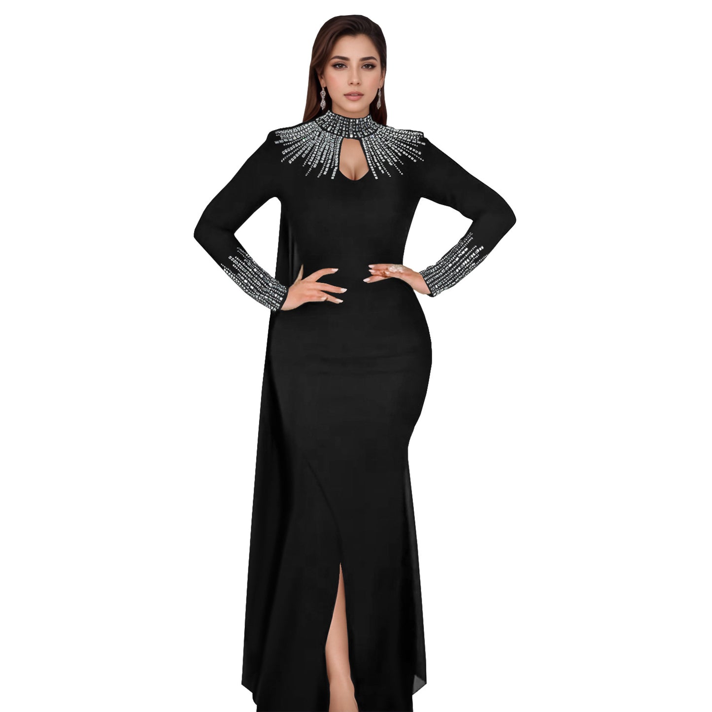 Women's Fashion Wear Elegant Rhinestone Long Sleeve Dresses