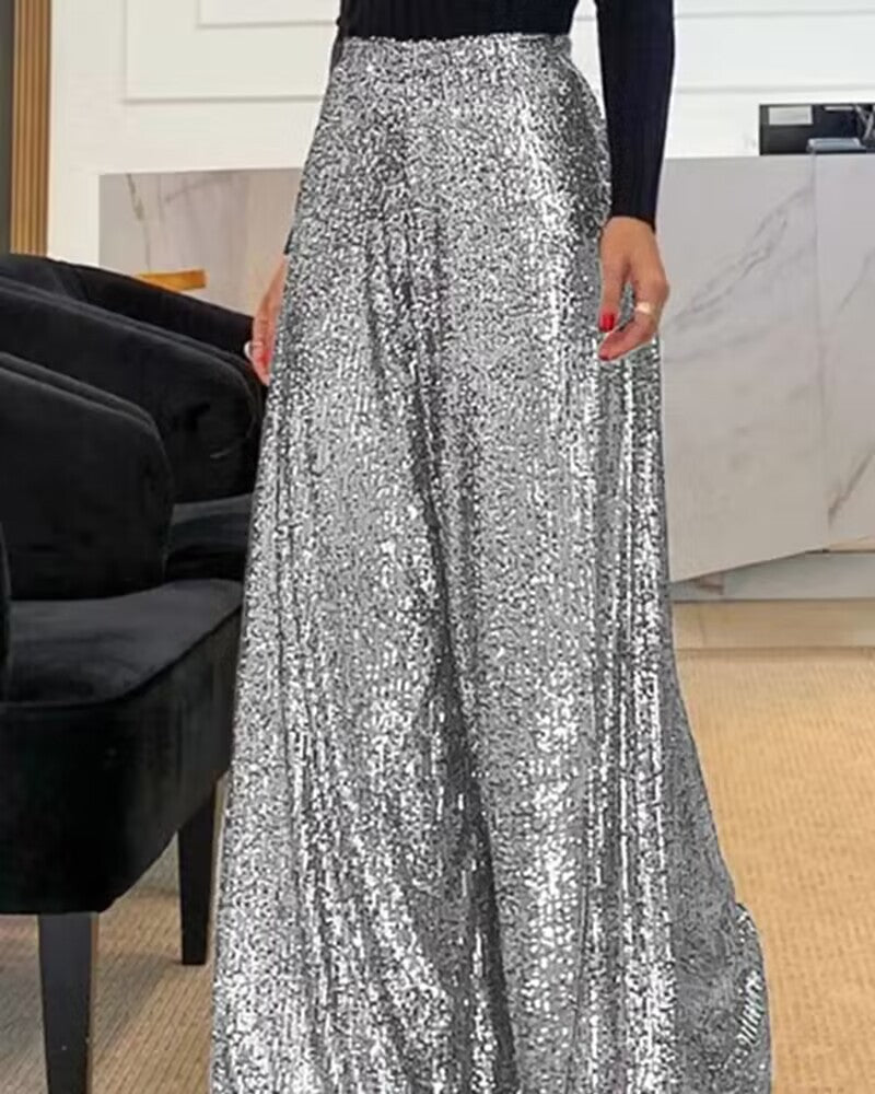 Elegant Commuter Everyday Style Pure Color Sequins Wide Pants