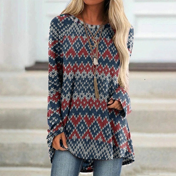 Women's Digital Printing Round Neck Long Sleeve Blouses