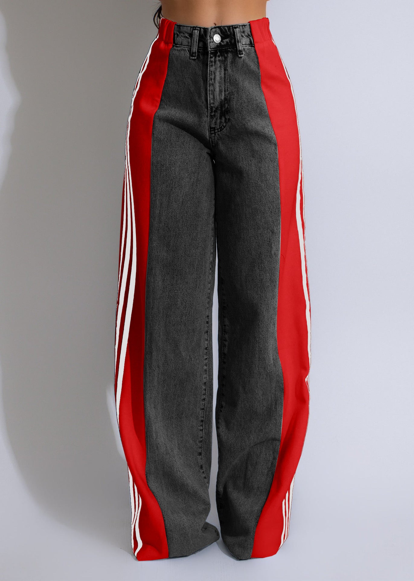 Women's Striped Wide Leg Denim Trousers Casual Jeans
