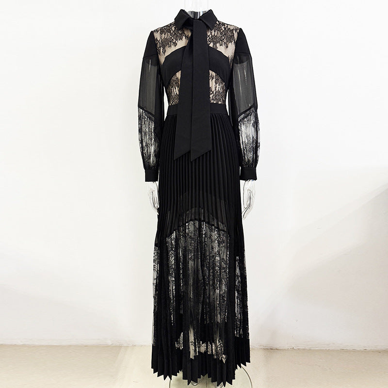 Fashionable Lace Stitching Pleated Long Dress Dresses