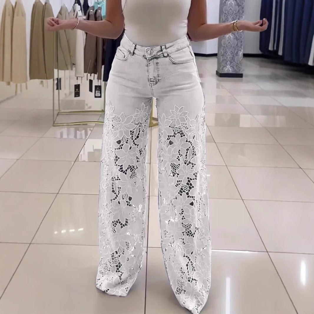 Women's Casual Fashion Hollow Lace Stitching Wide Jeans
