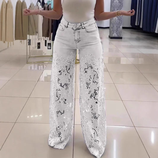 Women's Casual Fashion Hollow Lace Stitching Wide Jeans