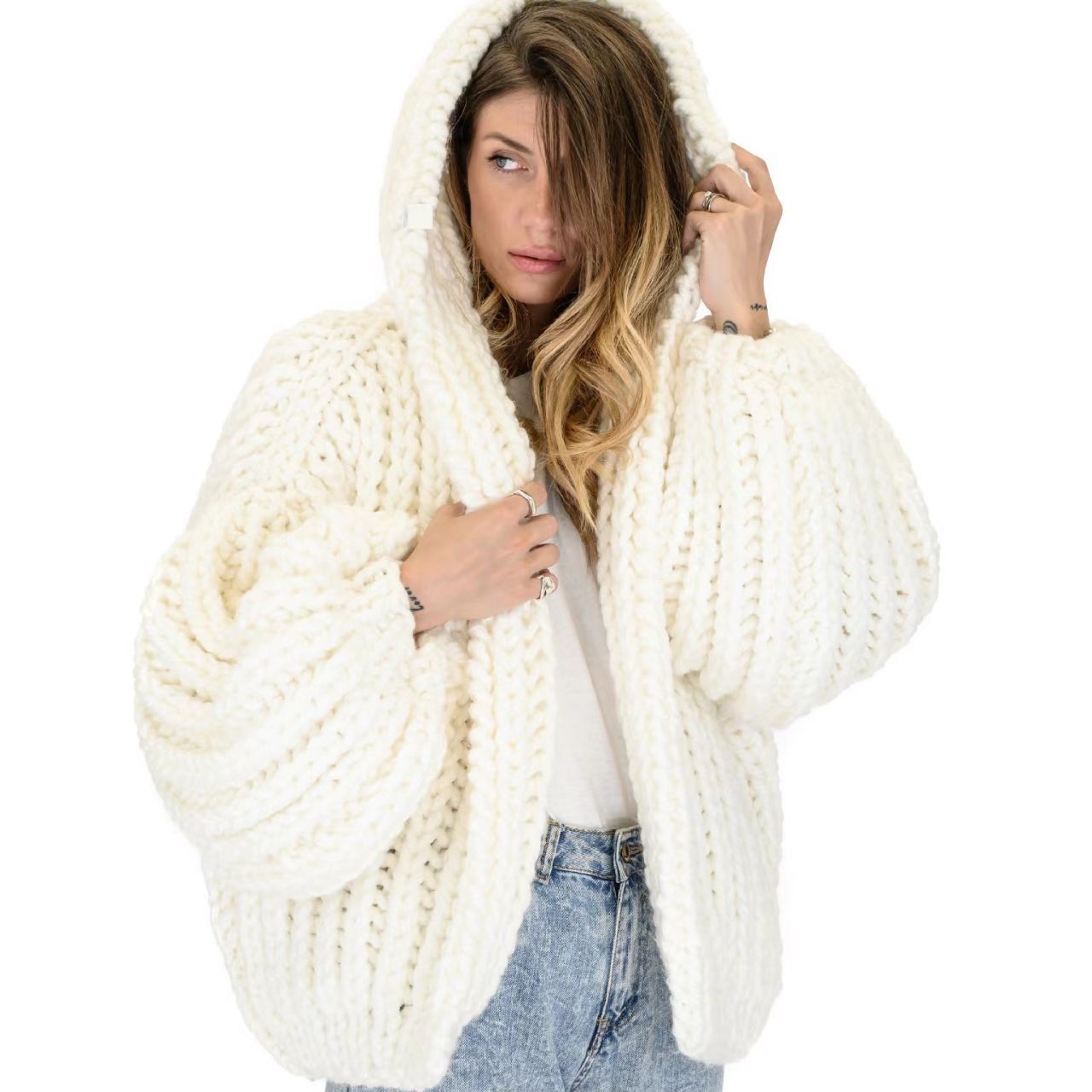 Women's Lazy Style Hooded Handmade Knitting Needle Sweaters