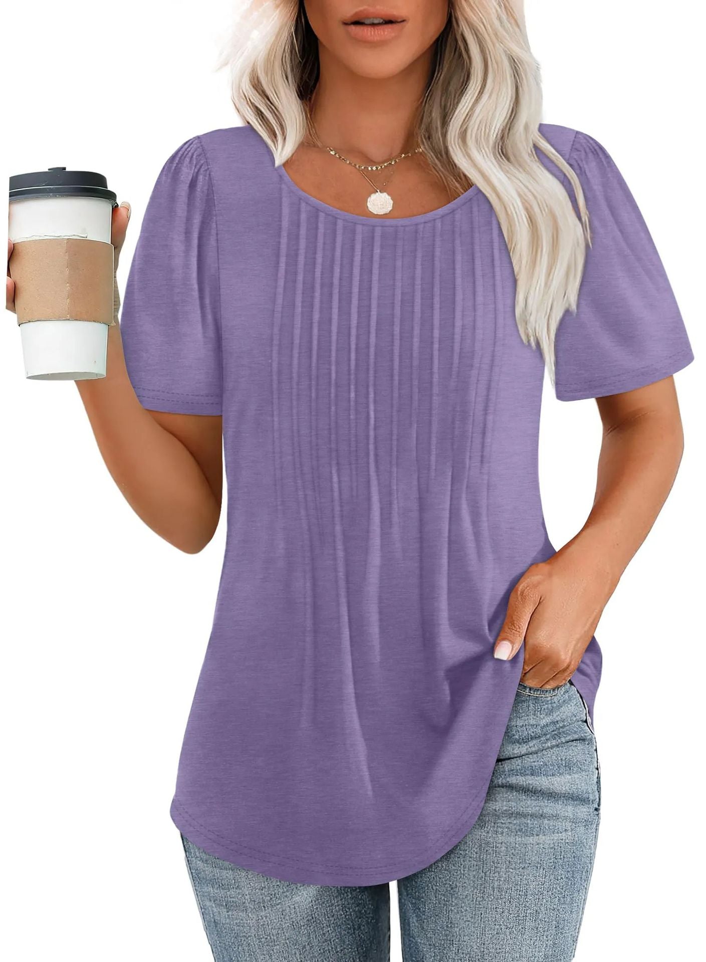 Women's Loose Pleated Round Neck Sleeve T-shirt Stripes Blouses