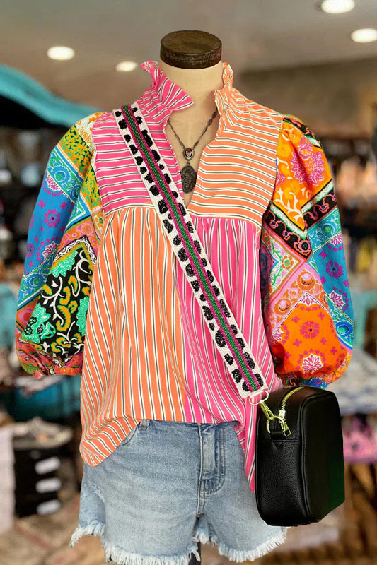Color Striped Printed Pleated Western Vintage Blouses