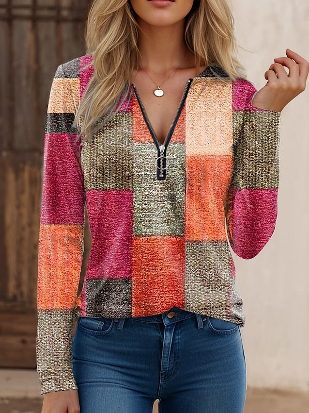 Women's Fashion Casual Loose Printed Zipper Cashmere Blouses