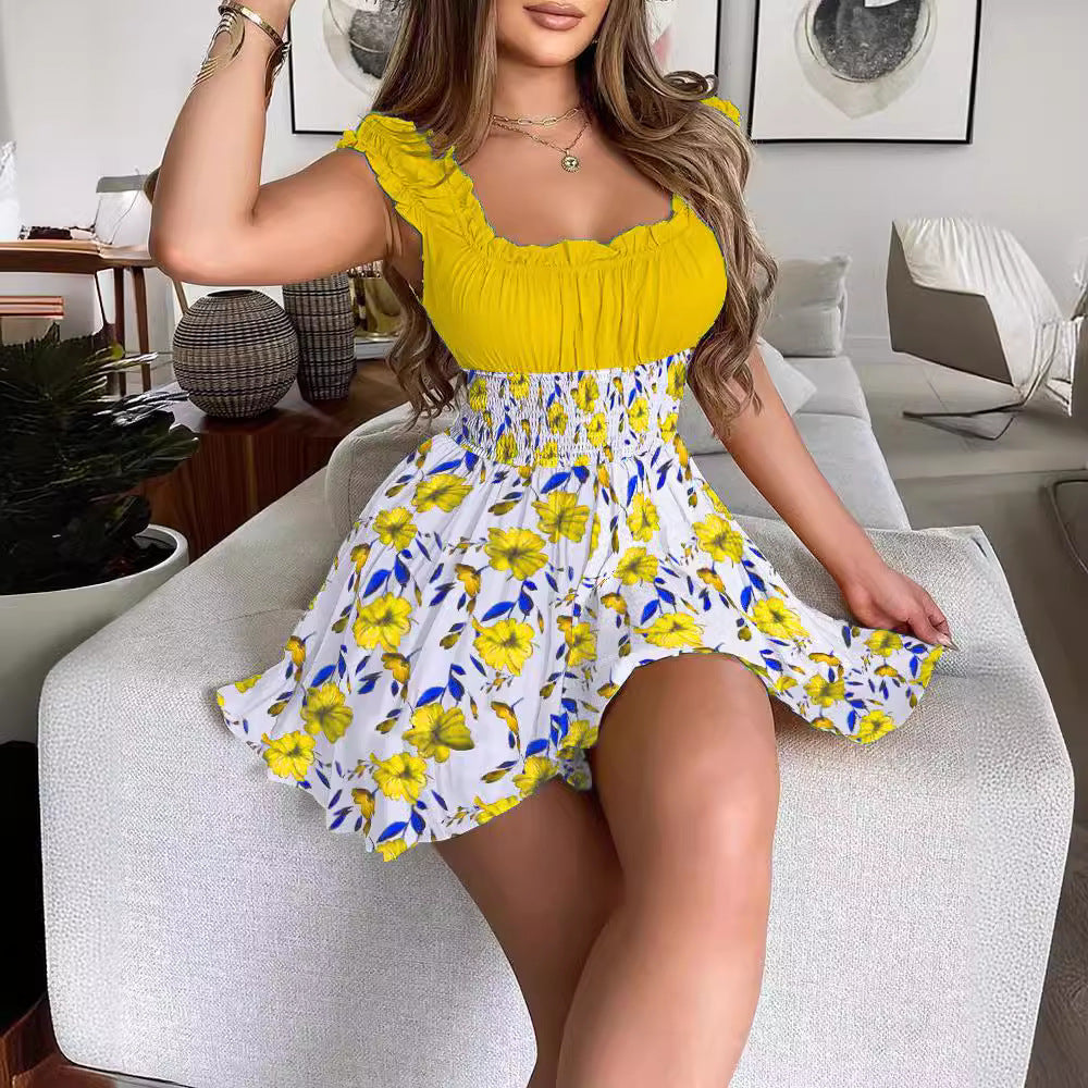 Women's Contrast Color Smocking Waist Slimming Round Dresses
