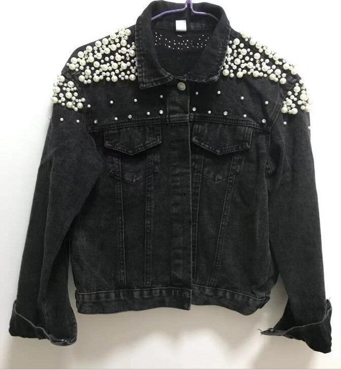 Women's Beaded Casual Pearl Loose Slimming Denim Jackets