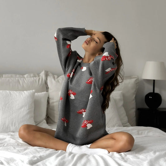 Women's Mushroom Print Contrast Color Pullover Female Sweaters