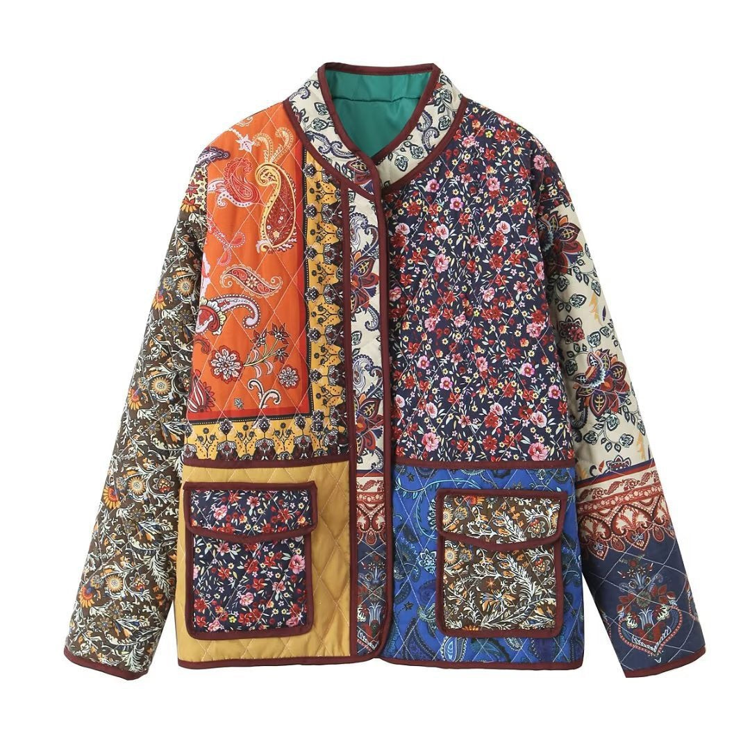Women's Multicolor Street Fashion Print Stitching Cotton Jackets