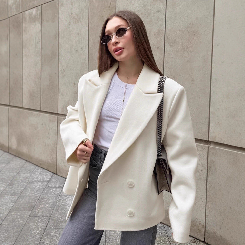 Women's French Retro Old Money Style Beige Woolen Winter Lapel Coats