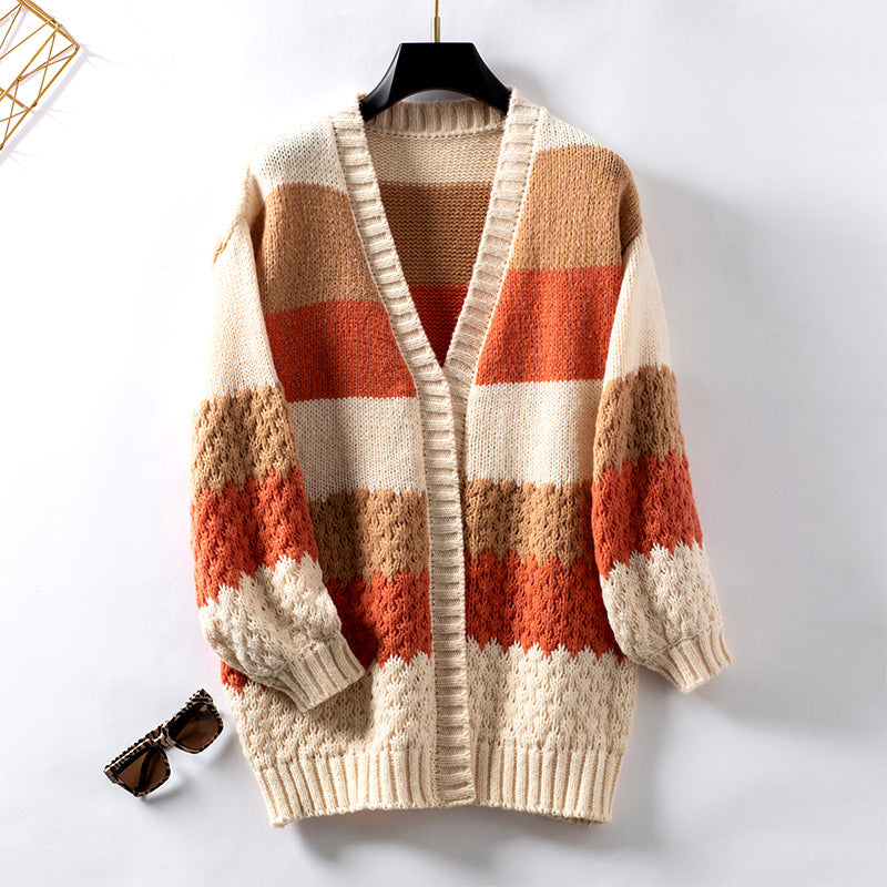 Women's Contrast Color Striped Casual Loose Lantern Cardigans