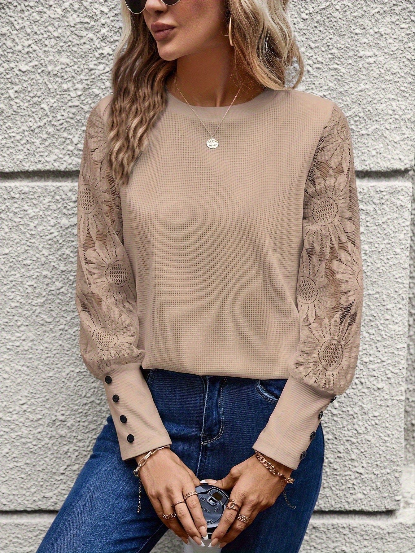 Color Long Sleeve Embroidered Lace Stitching Blouses