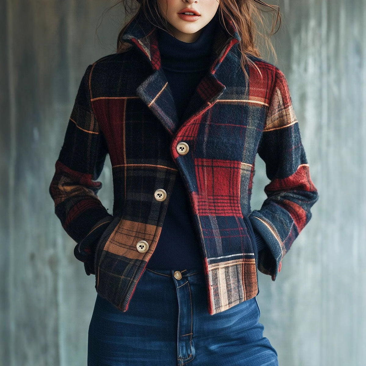 Women's Plaid Retro Warm Stand Collar Stitching Blazers