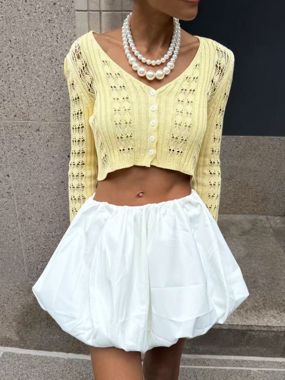 Women's Hollow Knitted Clothes Solid Color Long Blouses