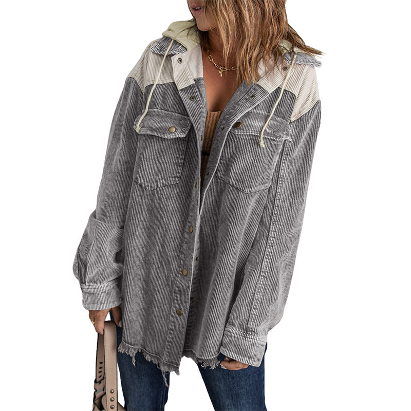 Women's Hooded For Color Contrast Patchwork Single-breasted Jackets