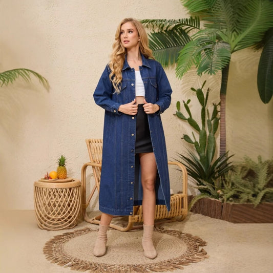 Women's Denim Dark Retro Long Trench Jackets