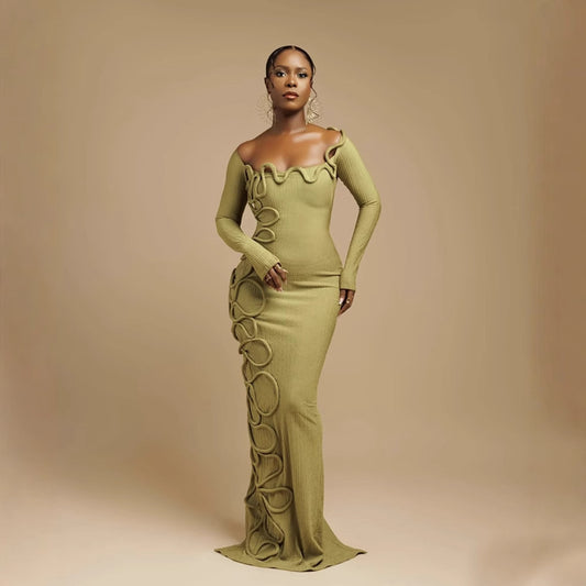 String Decorative Square Collar Long Sleeve Dresses