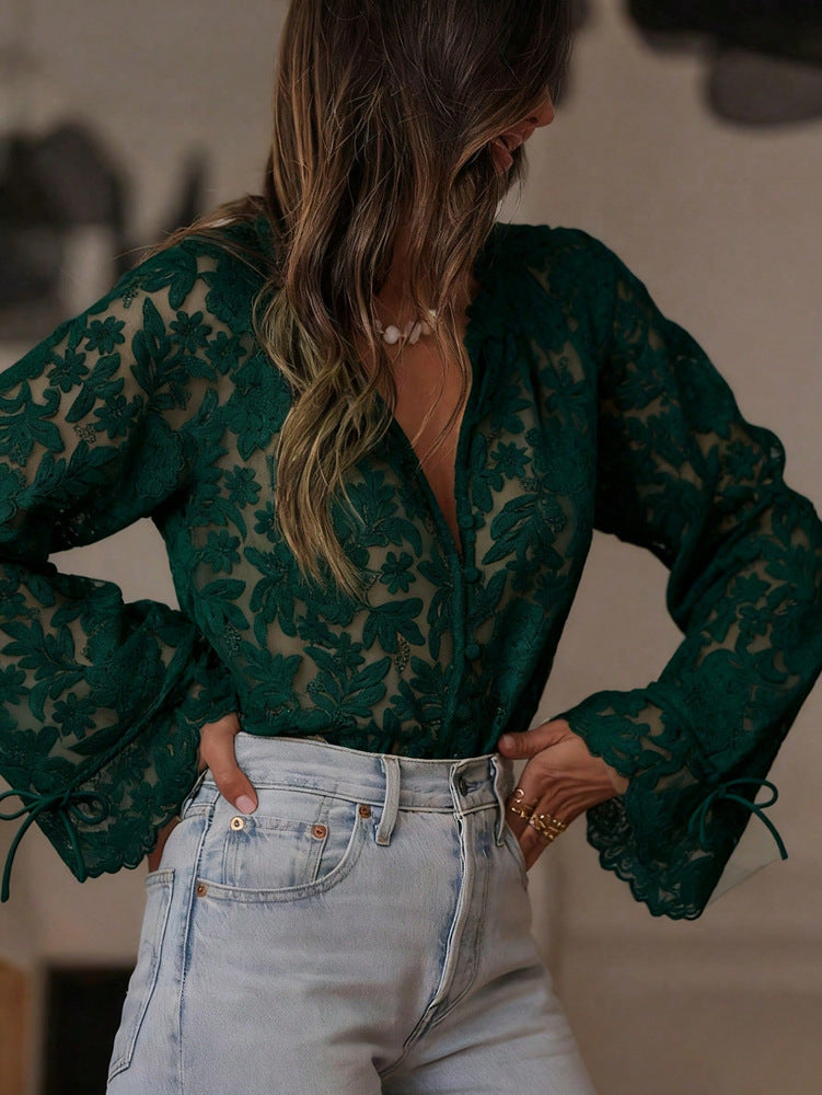 Women's Lace Advanced Stitching Elegant Fashion Translucent Blouses