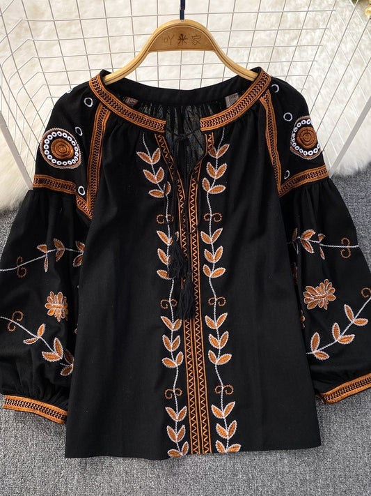 Women's Long Sleeve Round Neck Loose Embroidered Blouses