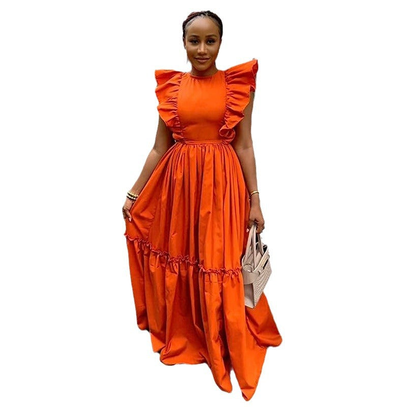 Women's Ruffle Sleeve Round Neck Waist Trimming Long Dresses