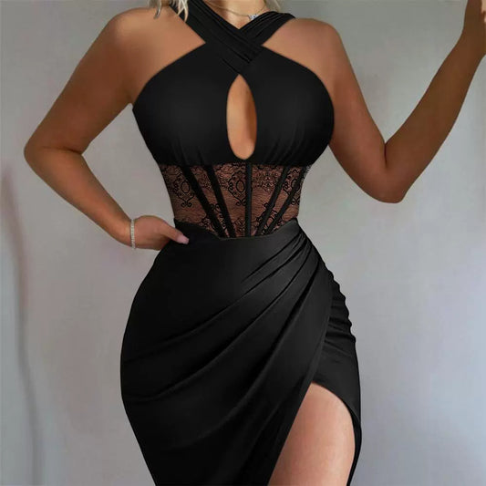 Women's Black Satin Stitching Lace Girdle Tight Pants