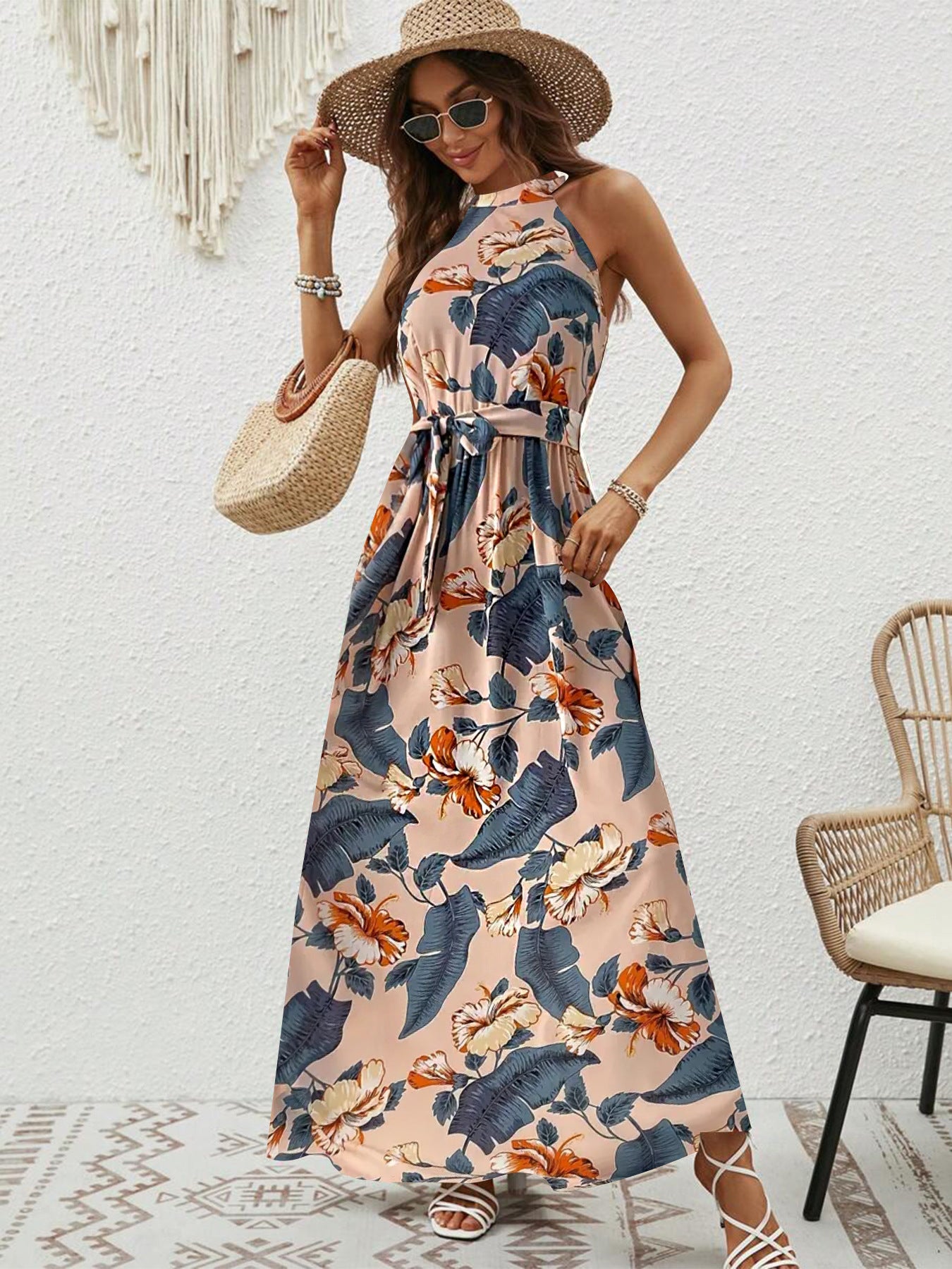 Women's Autumn Vintage Print Halter Bohemian Dress Dresses