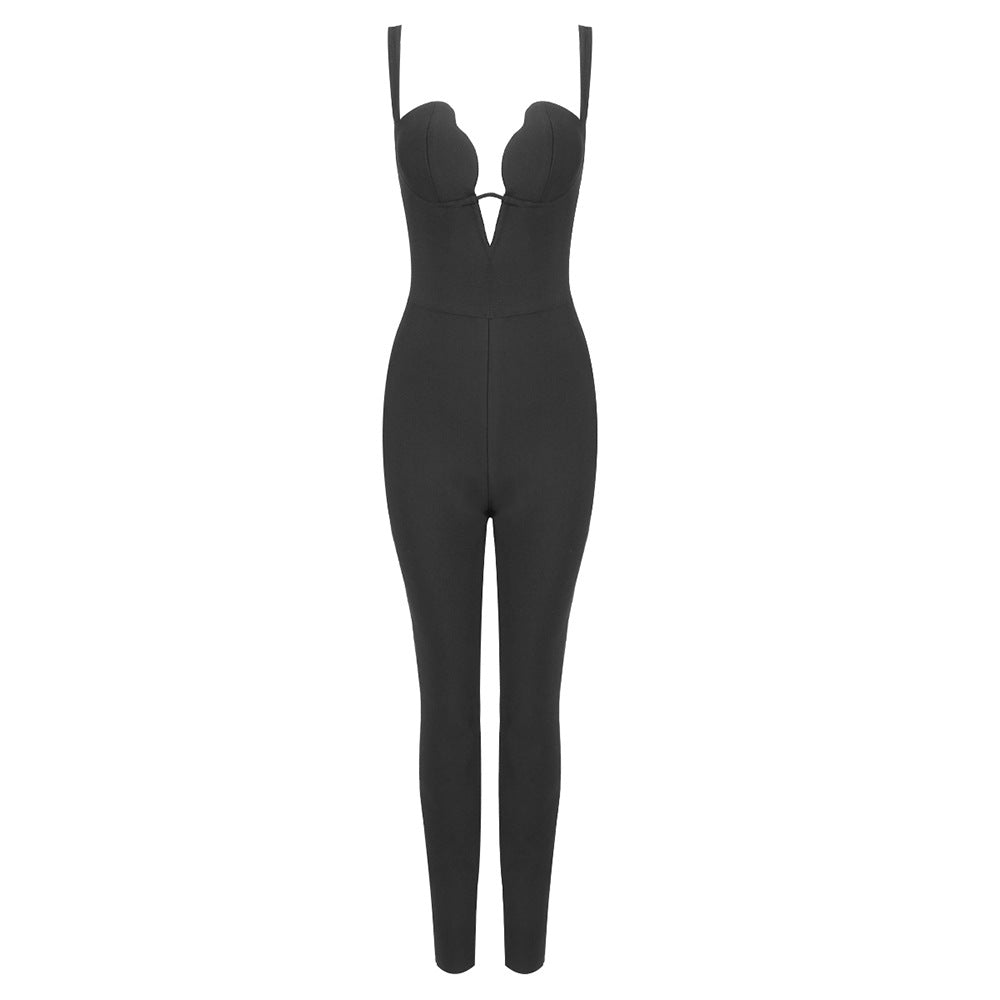 Women's Black Camisole Elastic Bandage Sexy Slim Jumpsuits