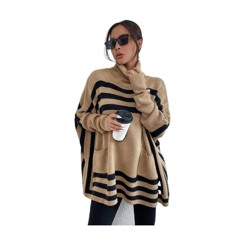 Women's Knitted Turtleneck Striped Batwing Sleeve Cape Coats
