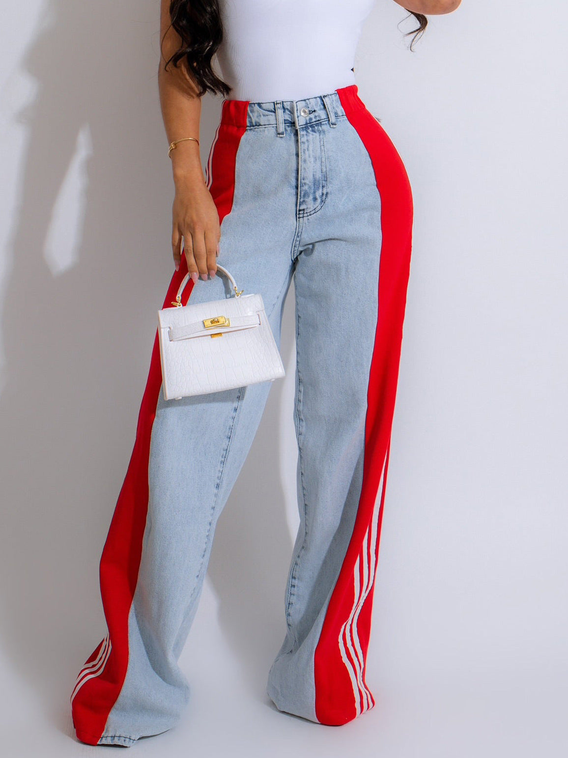 Women's Striped Wide Leg Denim Trousers Casual Jeans