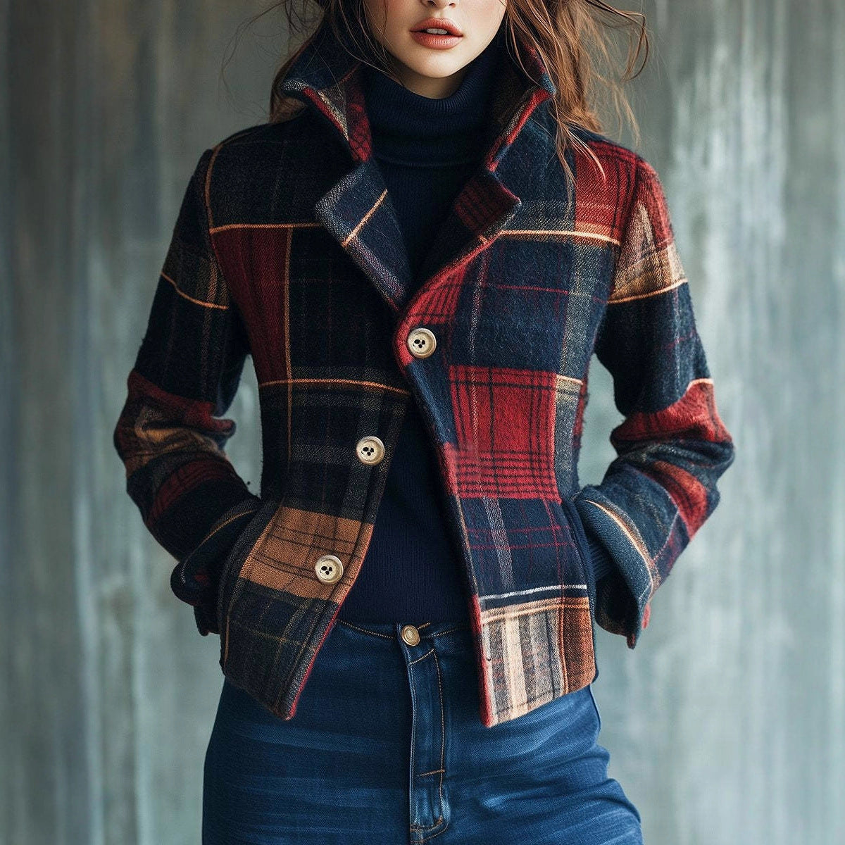 Women's Plaid Retro Warm Stand Collar Stitching Blazers