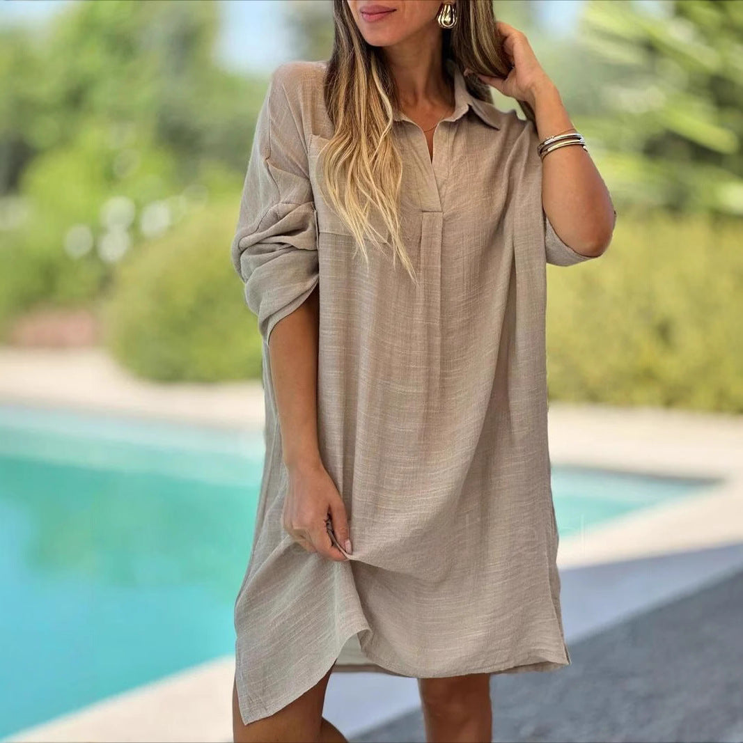 Loose Beach Sleeve Solid Color Cotton Blouses