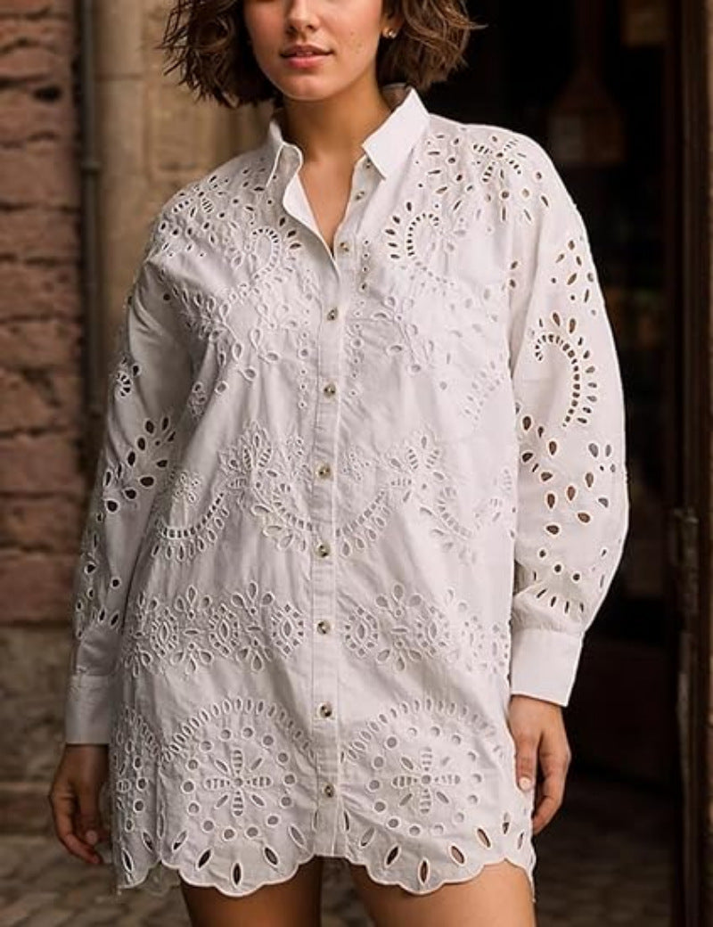 Women's Solid Color Shirt Collar Loose Embroidered Blouses