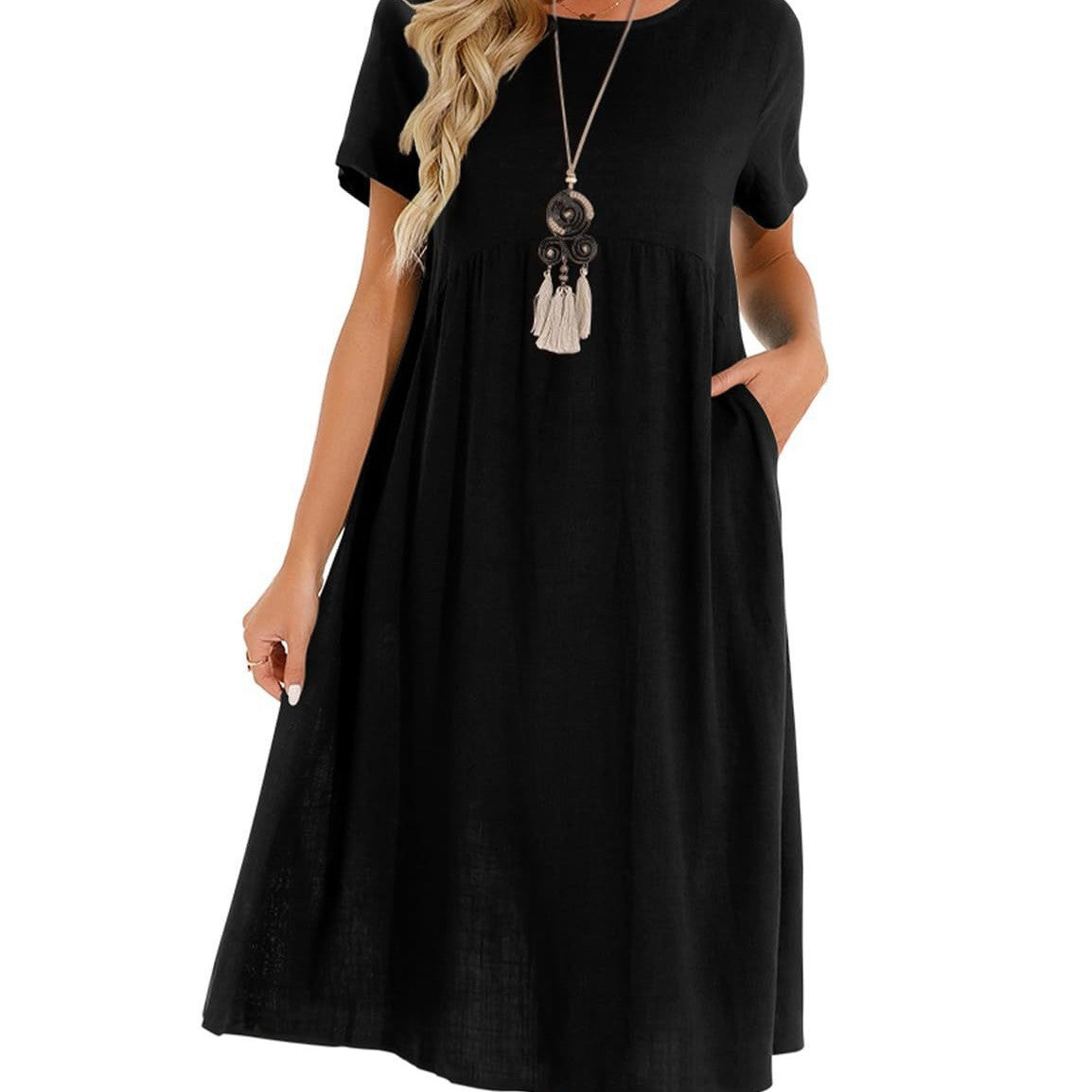 Neck Sleeve Large Casual Loose Long Solid Color Cotton Dresses