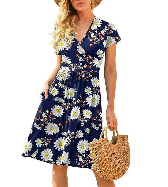 Women's Sleeve Printed Pocket Mid-length Dress Dresses