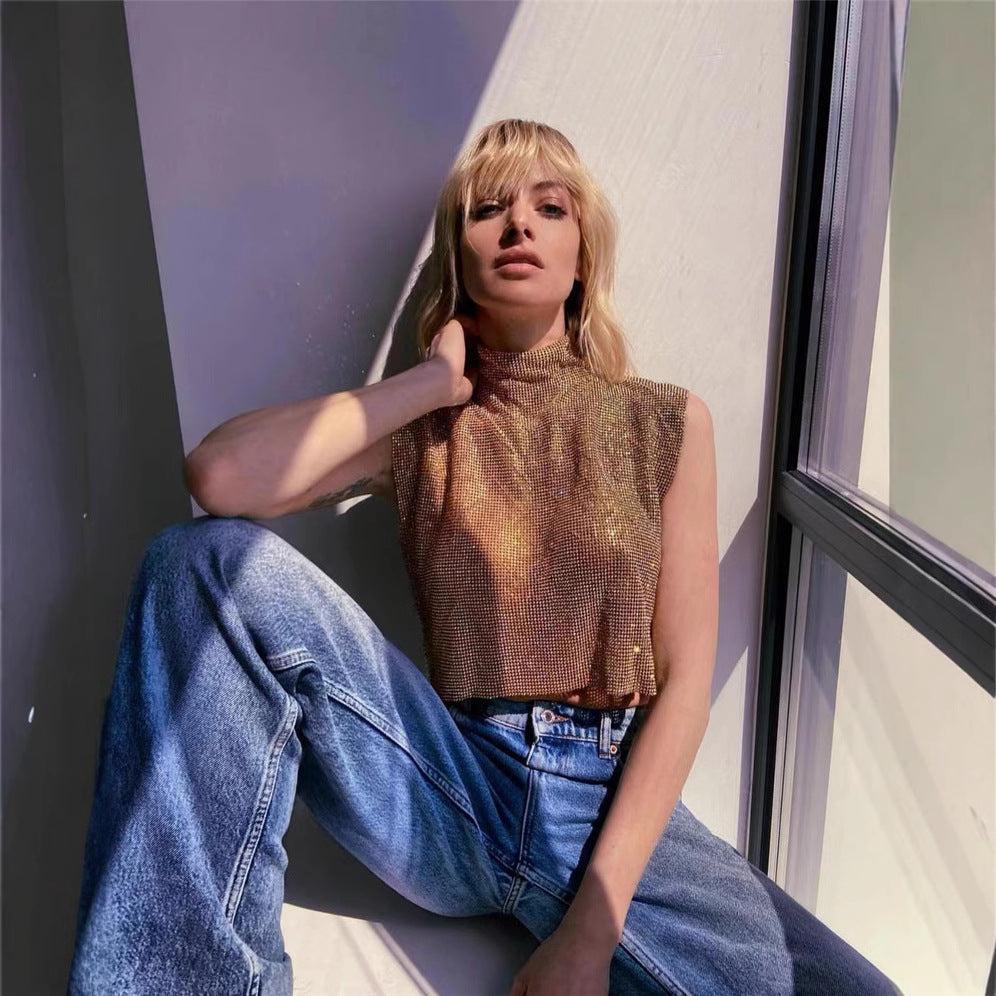 Charming Nightclub Sexy Turtleneck Rhinestone Metal Tops