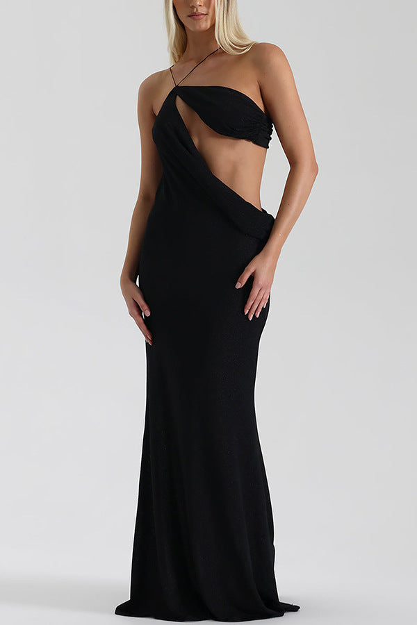 Women's Hollow French Style Backless Stitching Maxi Dresses