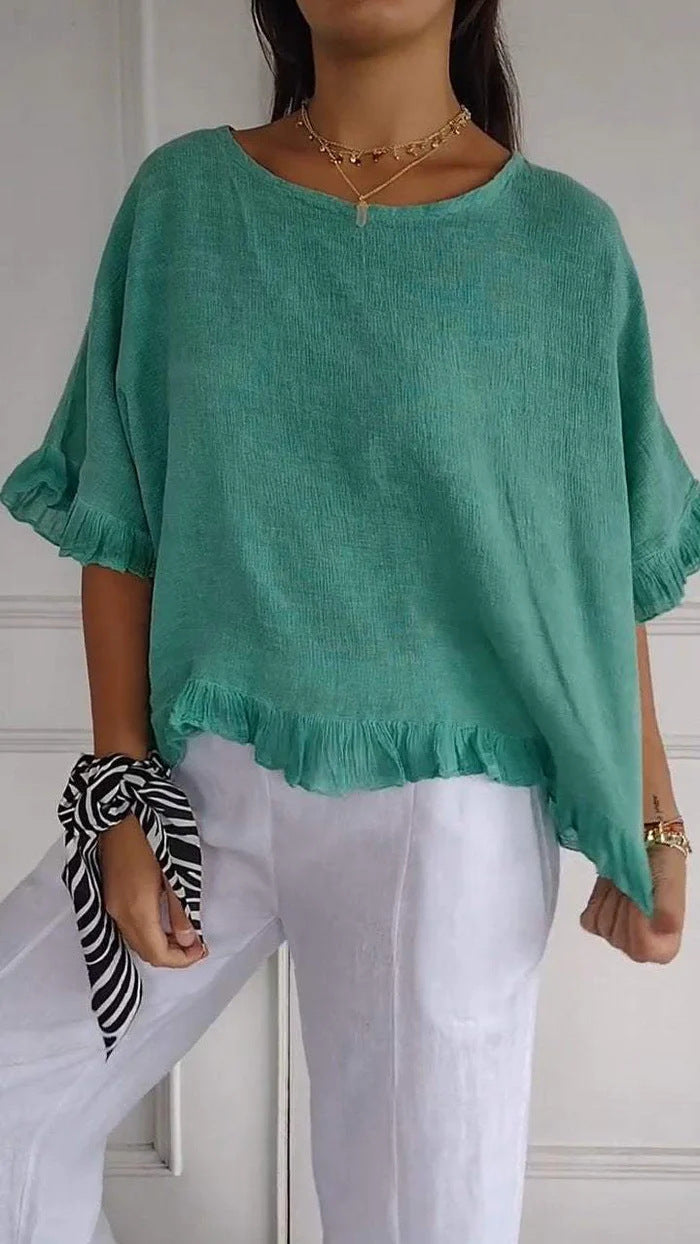 Pure Color Ruffles T-shirt Female Casual Blouses