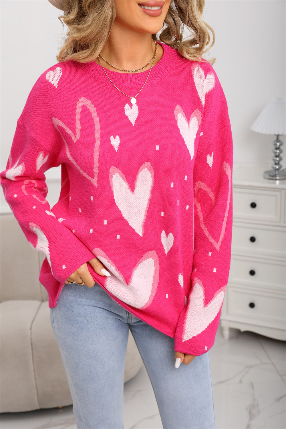 Women's Love Pullover Loose Round Neck Long Sweater