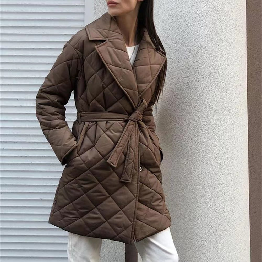Lapel Mid-length Breasted Belt Fashion Diamond Coats
