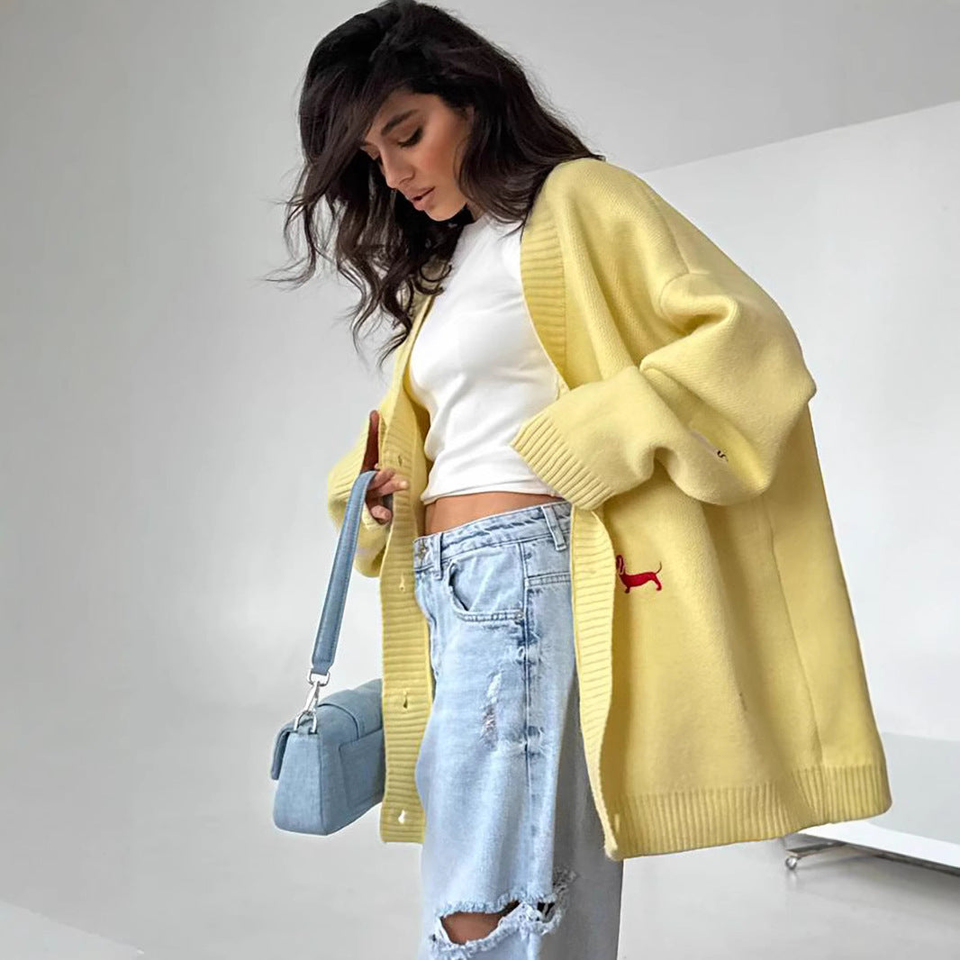 Women's Autumn Sausage Dog Embroidered Loose Long Sweaters