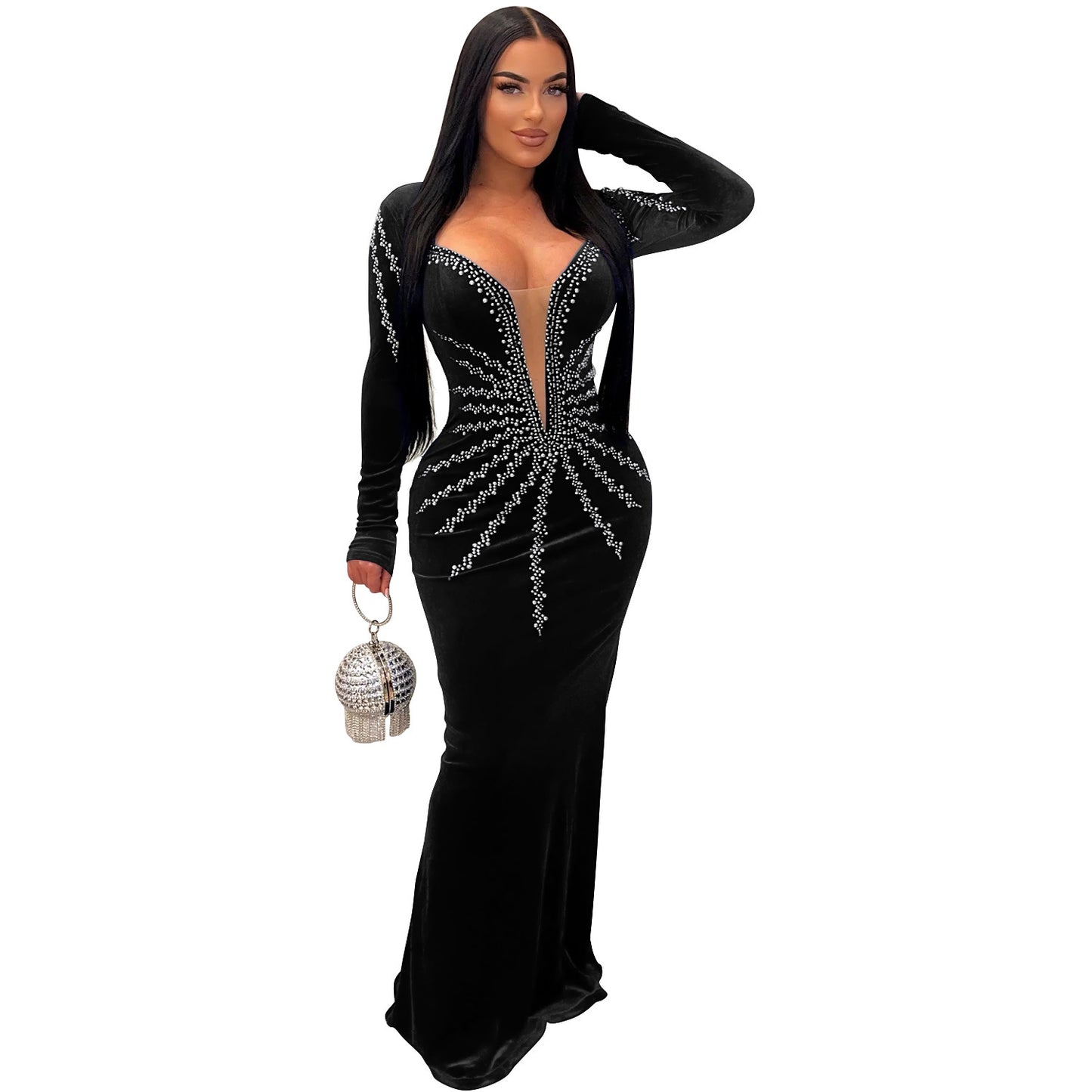 Women's Wear Solid Color Sexy Rhinestone Long Dresses