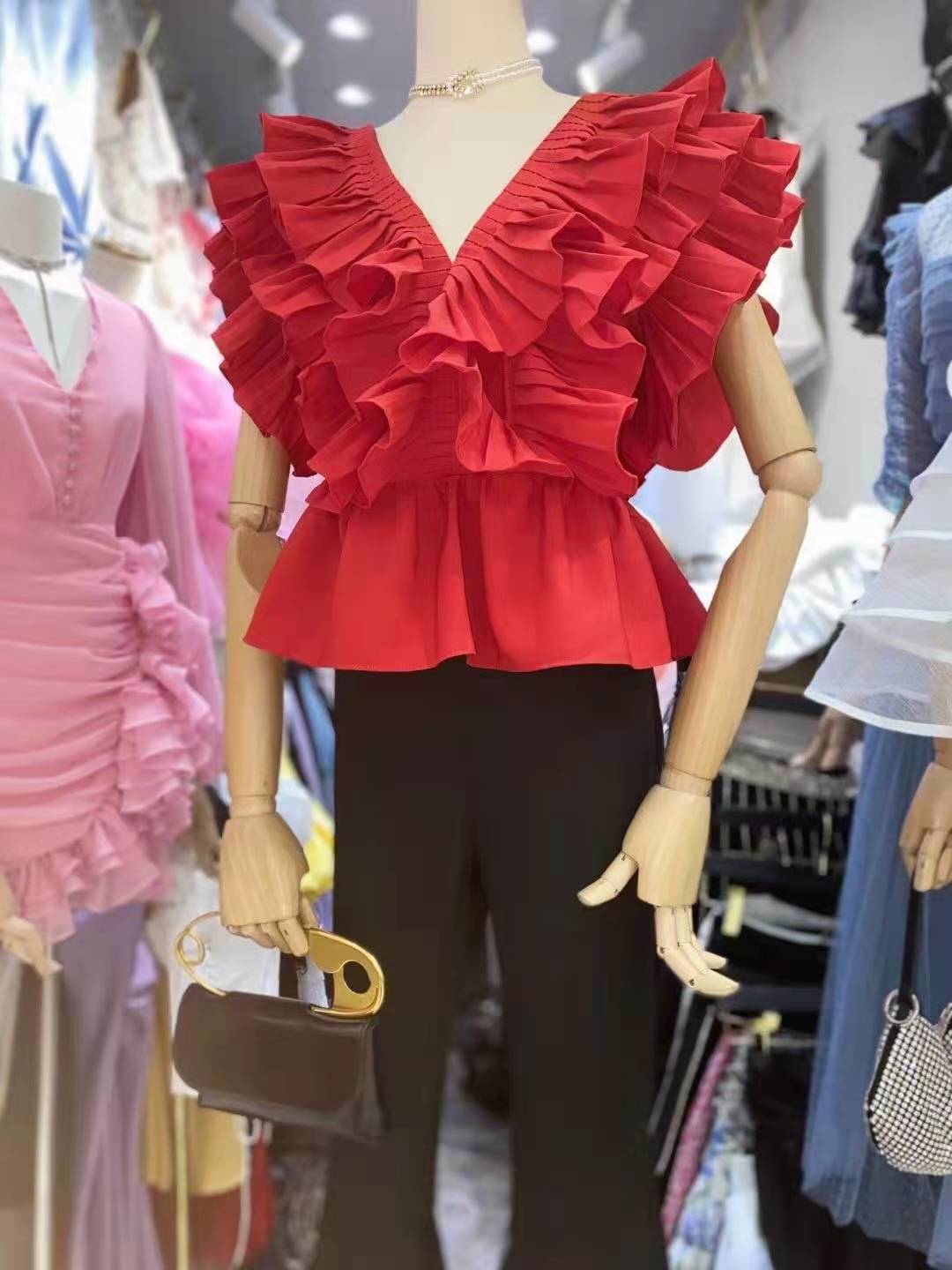 Women's Summer Red Flower Pleated Ruffled Western Blouses